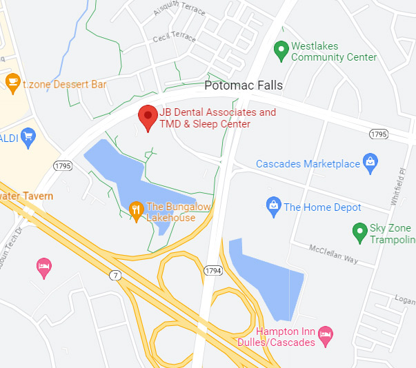 Google Maps screenshot showing JB Dental Group's exact location in Sterling, VA.