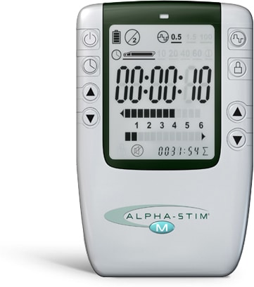 Close-up photo of an Alpha-Stim device, highlighting its various buttons and screen in a white background.